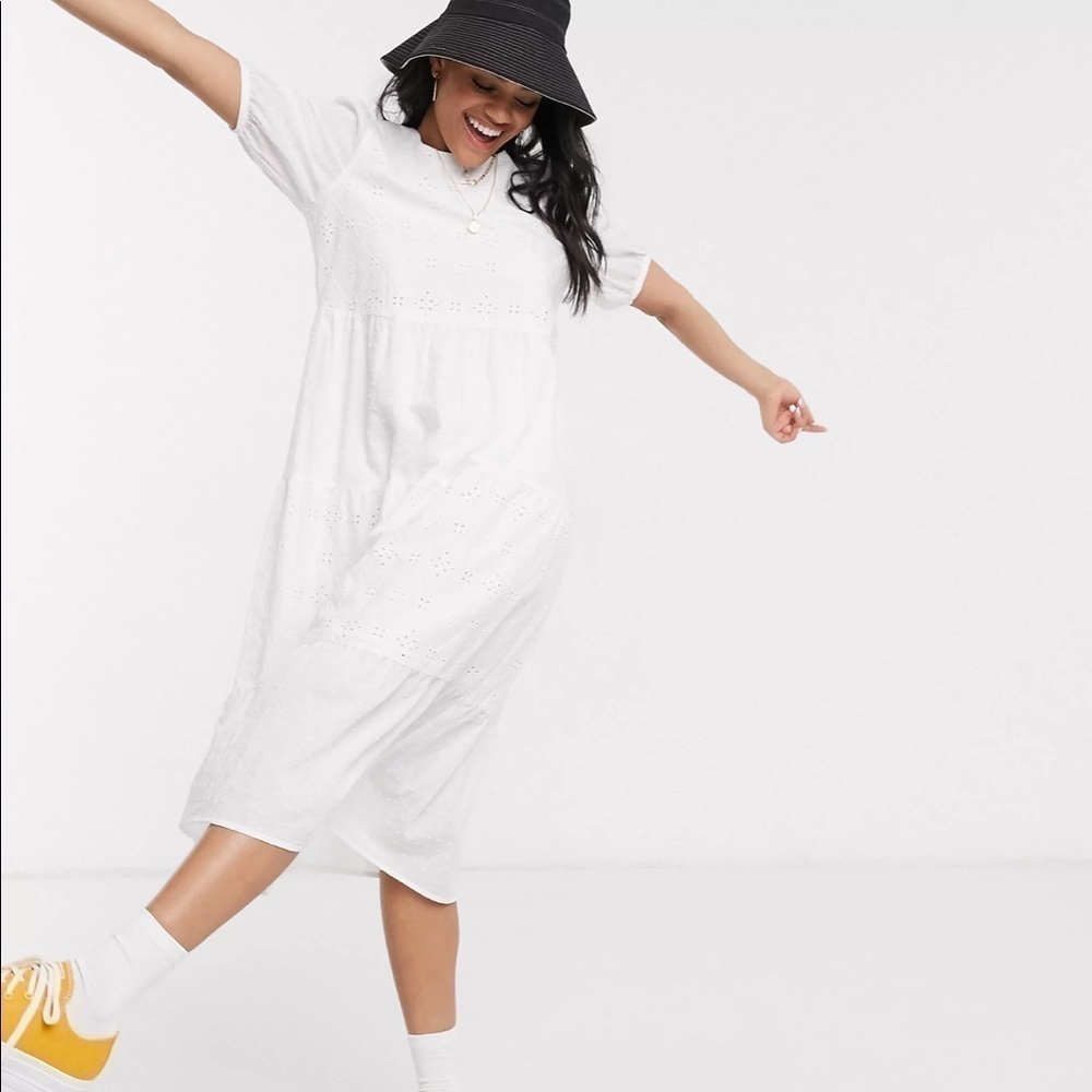 New Look broderie smock midi dress in white